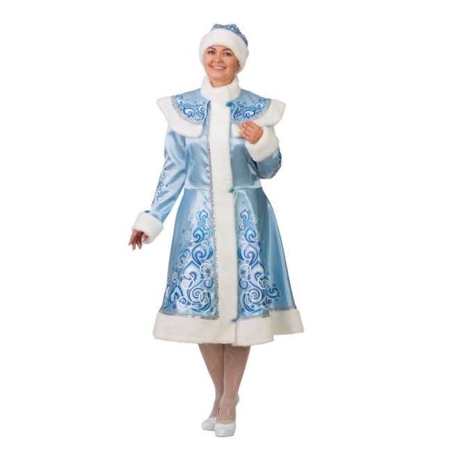 Карнавальный костюм «Снегурочка», сатин, шуба с аппликацией, шапка, цвет голубой, р. 50-52