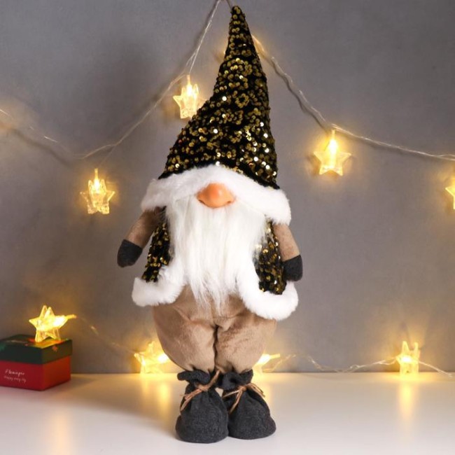 Кукла интерьерная "Дед Мороз в золотом колпаке и жилетке с пайетками" 55х16х22 см