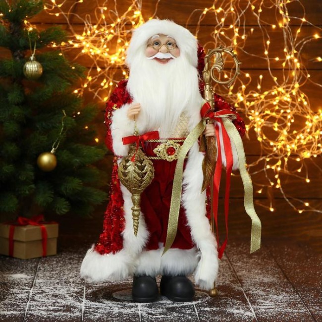 Дед Мороз "В красном костюме, с узорным посохом и фонариком" 27х50 см