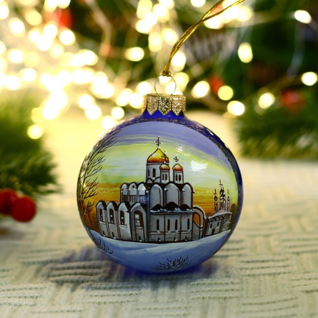 Ёлочный шар d-8 см "Покровский монастырь г. Суздаль" ручная роспись, синий