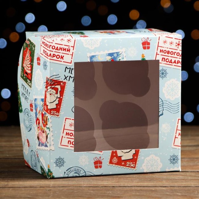 Упаковка на 4 капкейков с окном "Новогодняя почта", 16 х 16 х 10 см