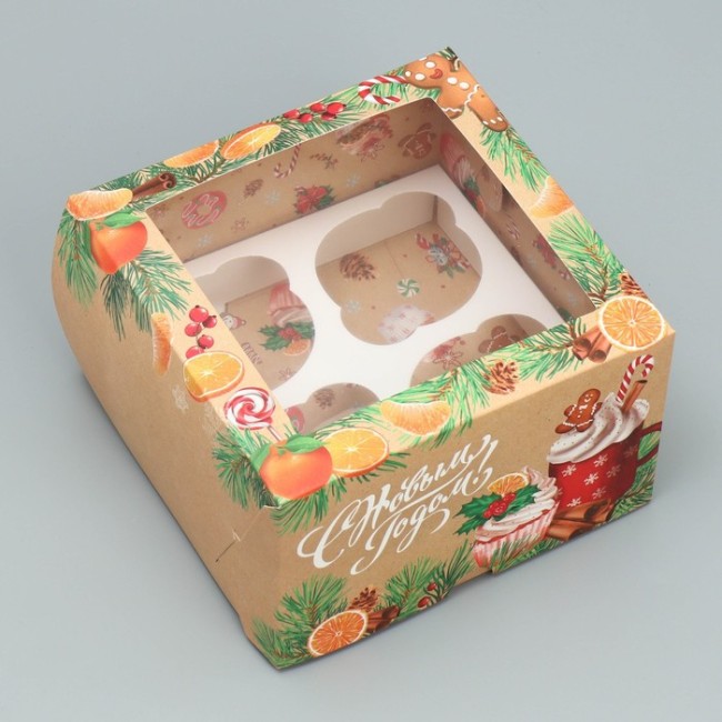 Коробка для капкейков складная с двусторонним нанесением «С Новым годом!», 16 х 16 х 10 см
