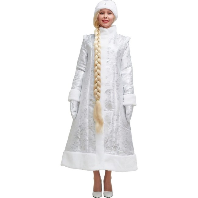 Карнавальный костюм «Снегурочка», шуба из парчи длинная, цвет серебристый, р. 50