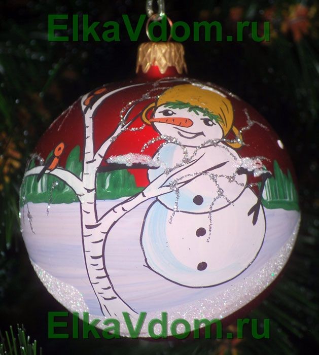 Новогодний шар &quot;Снеговик с березкой&quot;(8,5см) КУ-85-1162 d=85мм,1шт,стекло
