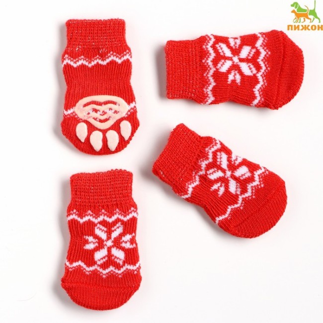 Носки нескользящие "Снежинка", размер М (3/4 * 7 см), набор 4 шт, красные