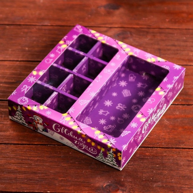 Коробка под 8 конфет + шоколад "Снеговик на Новый год", 17,7 х 17,85 х 3,85 см